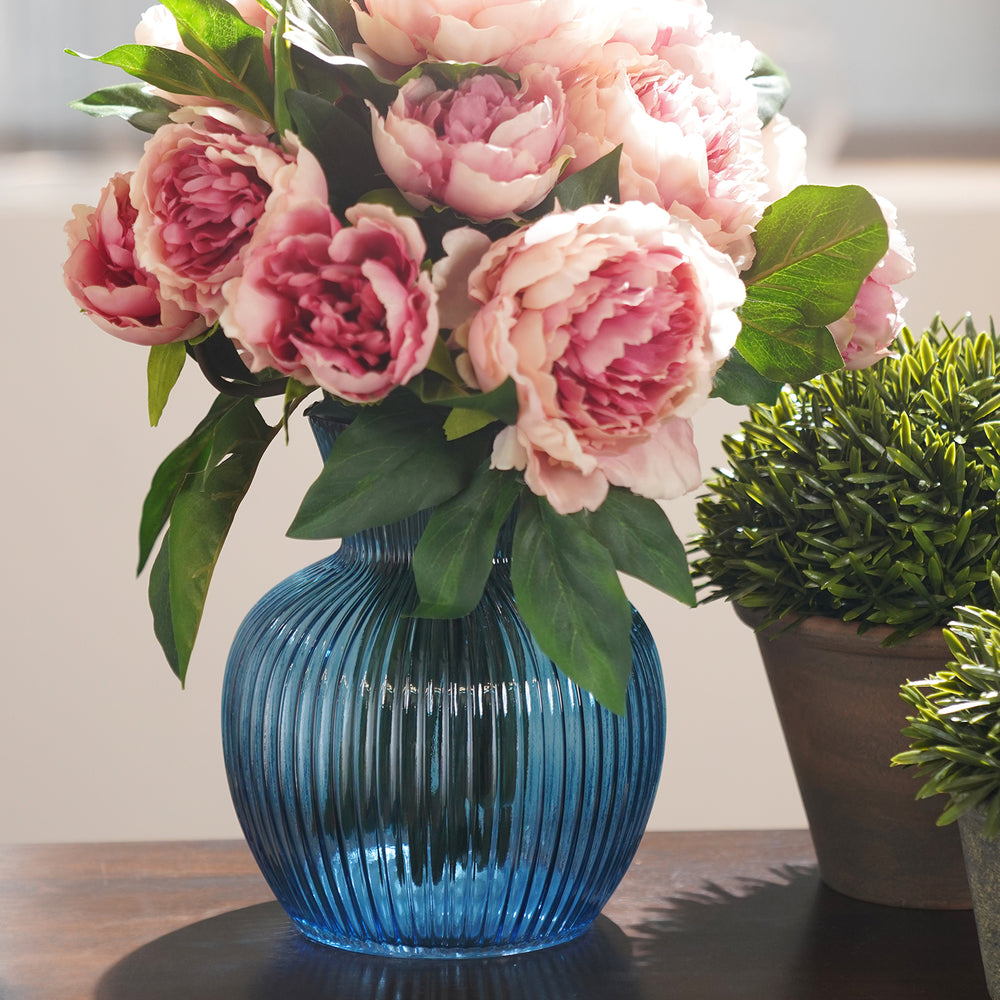 Blue Ribbed Glass Vase - Small¬†