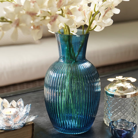 Blue Ribbed Glass Vase - Medium