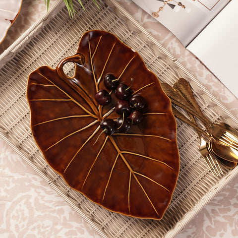 Brown Cinnabar Elephant Ear Leaf Shaped Ceramic Platter
