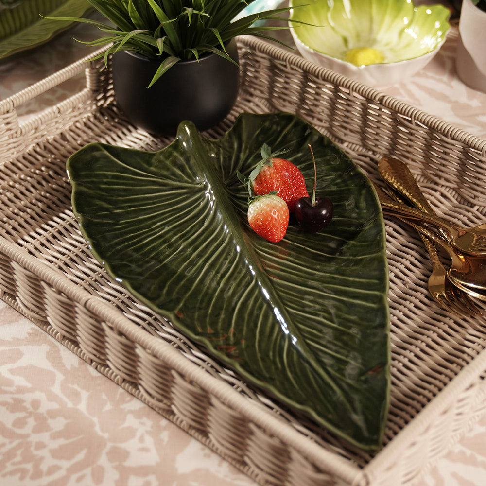 Green Sunflower Leaf Shaped Ceramic Platter