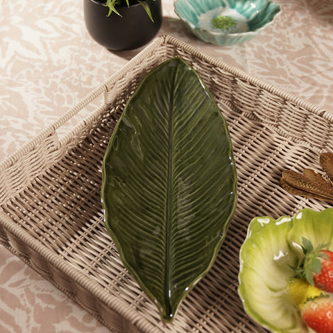 Green Willow Leaf Shaped Ceramic Platter