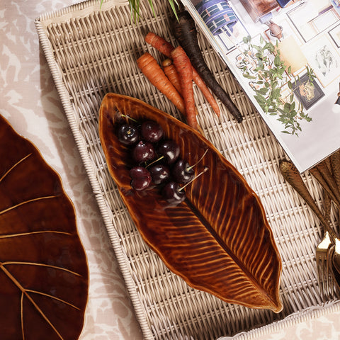 Brown Willow Leaf Shaped Ceramic Platter