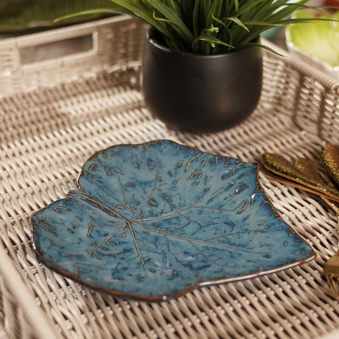 Blue Leaf Shaped Ceramic Platter