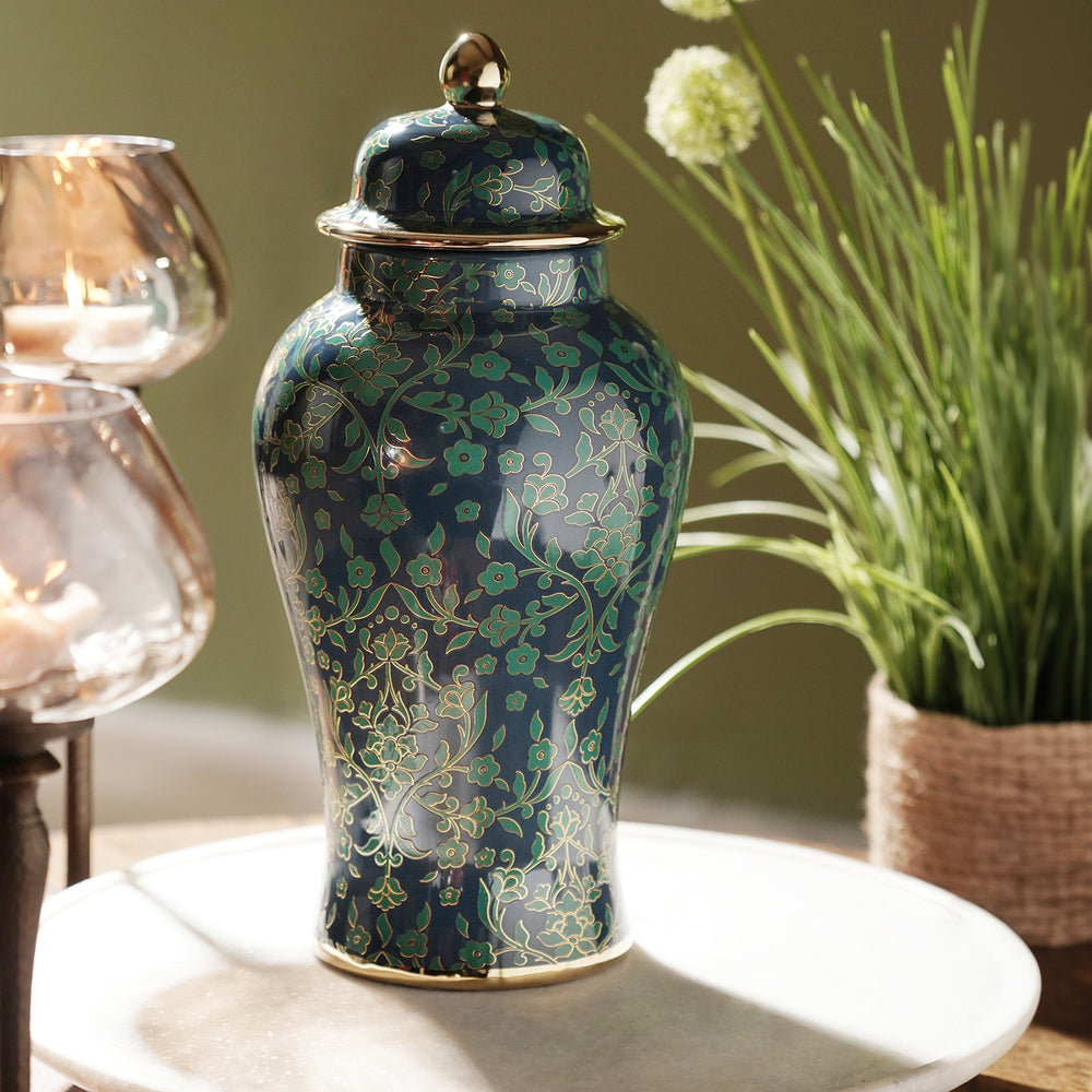 Blue Floral Print Ceramic Urn with Lid - Small