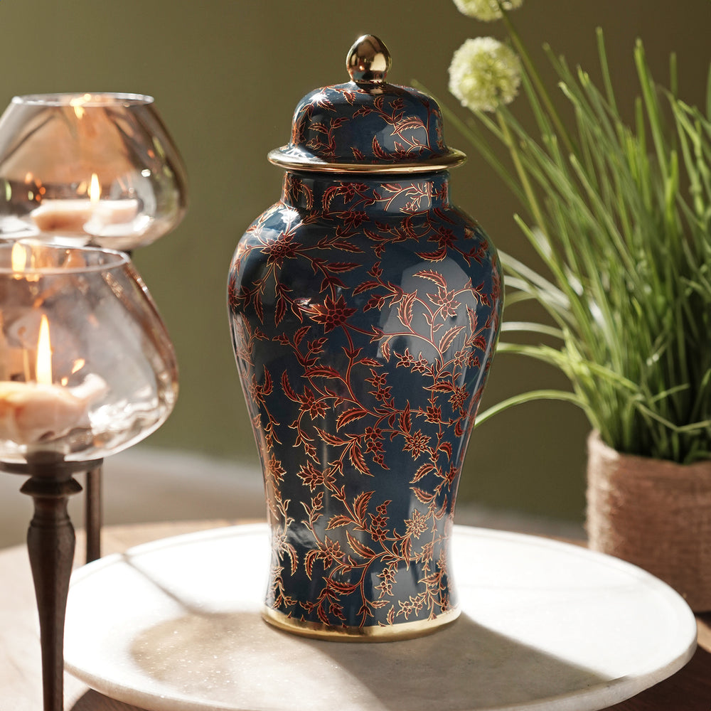 Blue Floral Print Ceramic Urn with Lid-Small