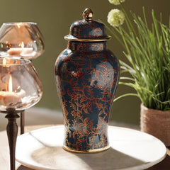 Blue Floral Print Ceramic Urn with Lid-Small