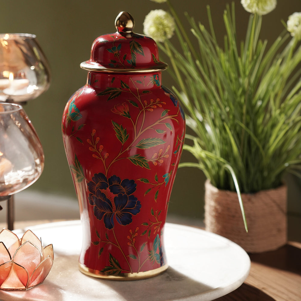 Red Floral Print Ceramic Urn with Lid- Small