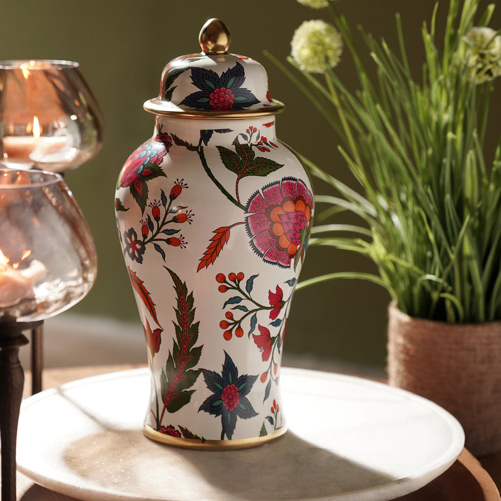 White Floral Print Ceramic Urn with Lid - Small