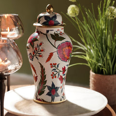 White Floral Print Ceramic Urn with Lid - Small