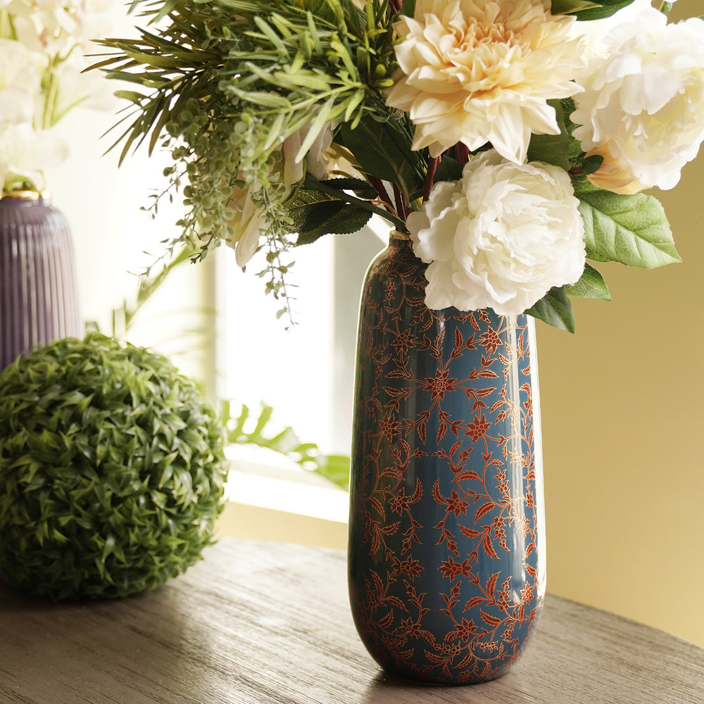 Blue and Red Floral Print Ceramic Vase