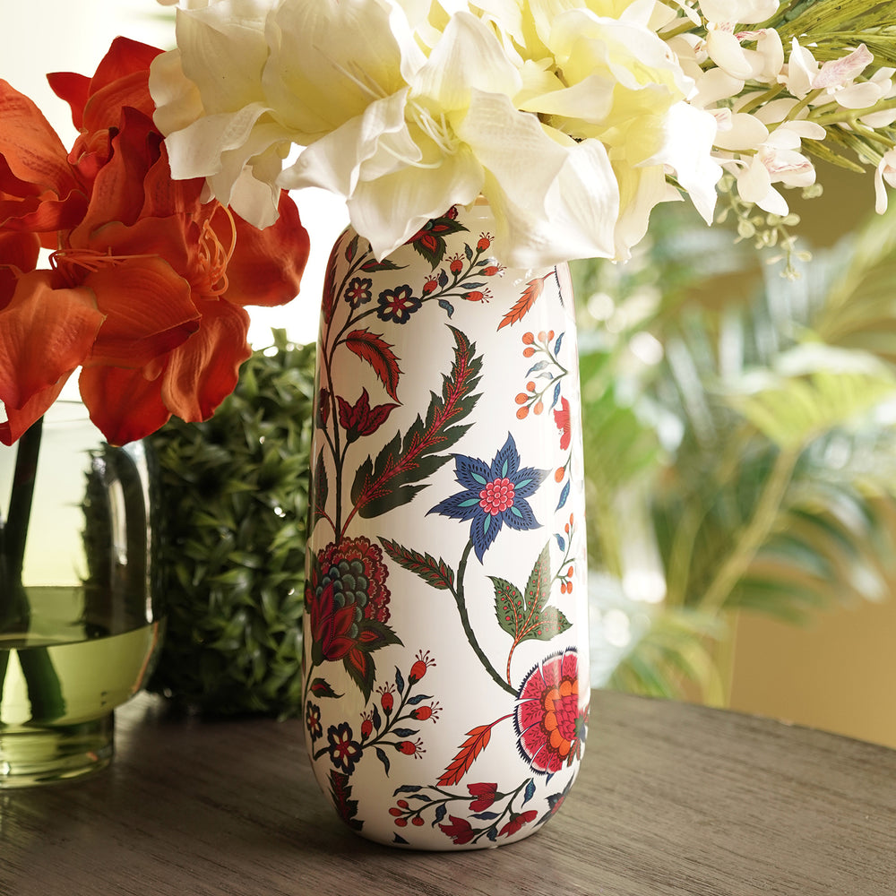 White Floral Print Ceramic Vase