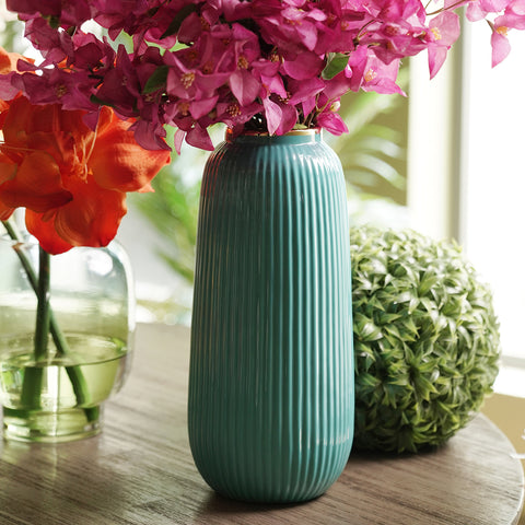 Teal Ribbed Ceramic Vase - Large