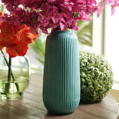 Teal Ribbed Ceramic Vase - Large