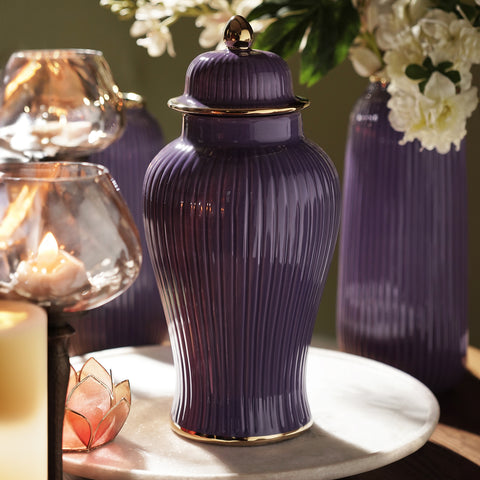 Purple Ribbed Ceramic Urn with Lid - Small