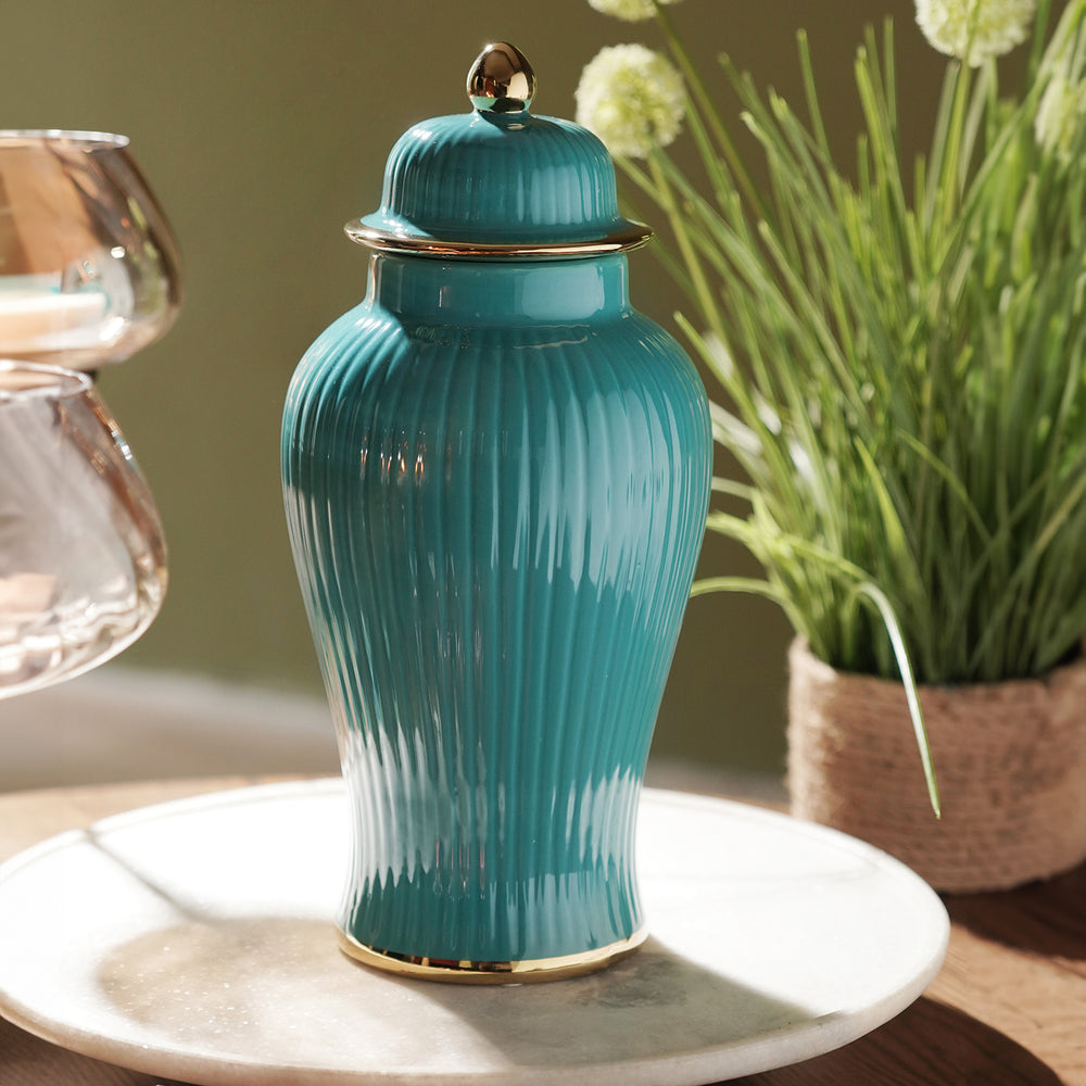 Teal Ribbed Ceramic Urn wth Lid - Small
