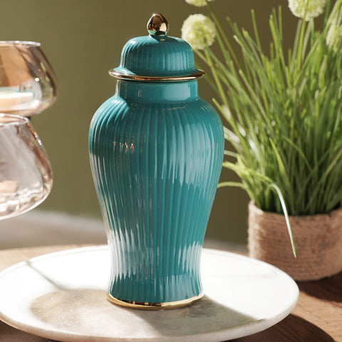 Teal Ribbed Ceramic Urn wth Lid - Small