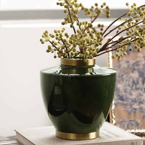 Green Bottleneck Ceramic Vase with Gold Rim - Small