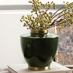 Green Bottleneck Ceramic Vase with Gold Rim - Small