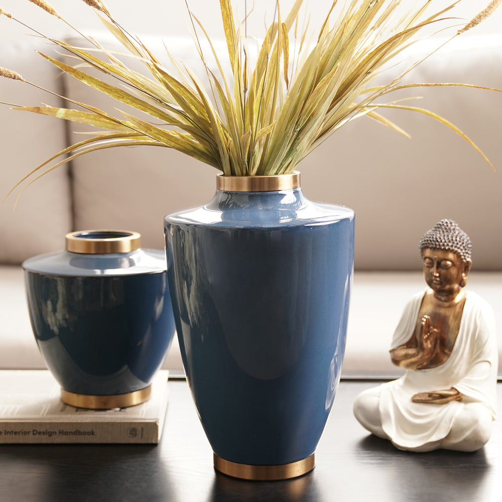 Blue Bottleneck Ceramic Vase with Gold Rim - Large