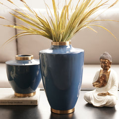 Blue Bottleneck Ceramic Vase with Gold Rim - Large