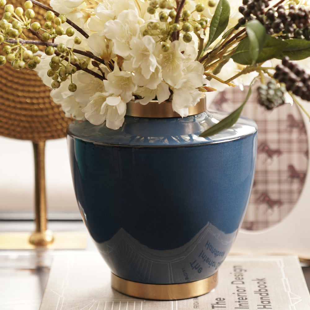 Blue Bottleneck Ceramic Vase with Gold Rim - Small