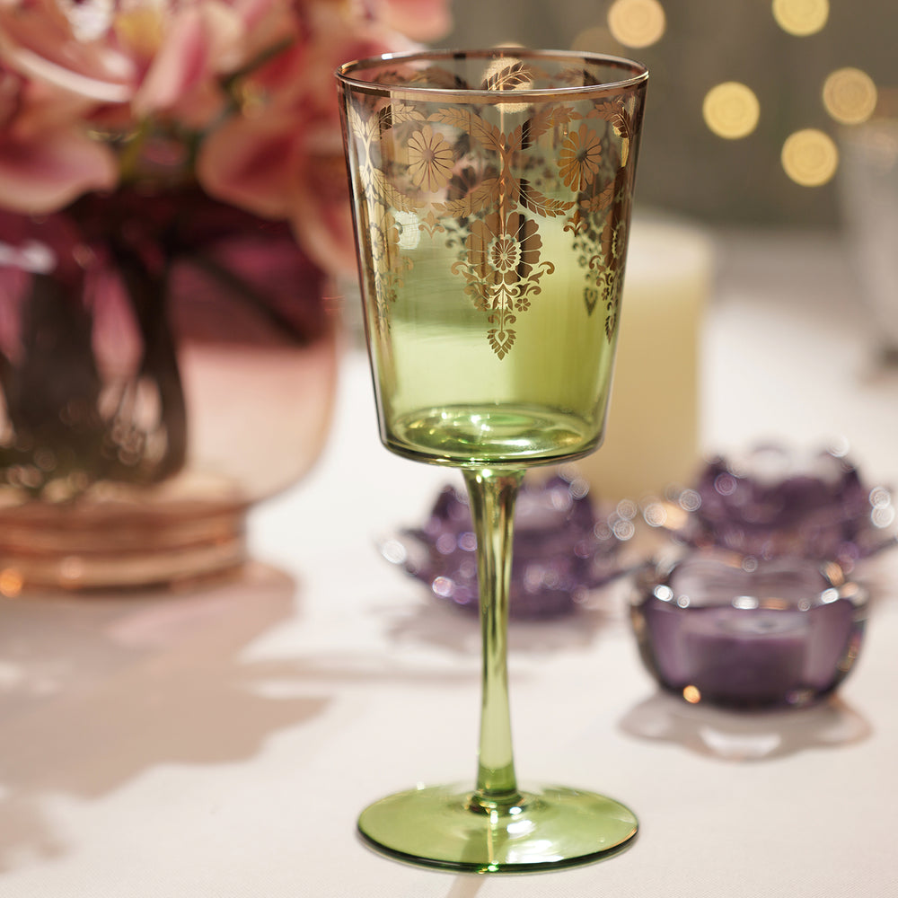 Set of 2 Green and Gold Overlay Wine Glasses