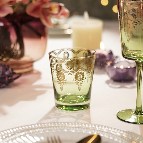 Set of 2 Green and Gold Overlay Drinking Glasses