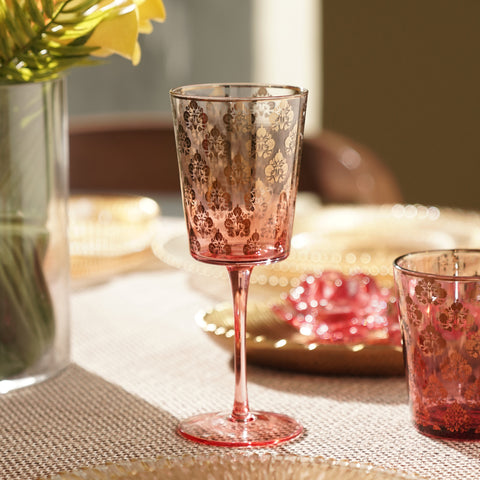 Set of 2 Red and Gold Overlay Wine Glasses
