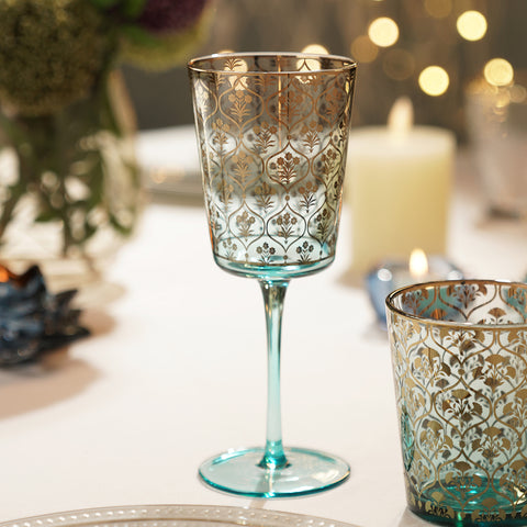Set of 2 Green and Blue Gold Overlay Wine Glasses