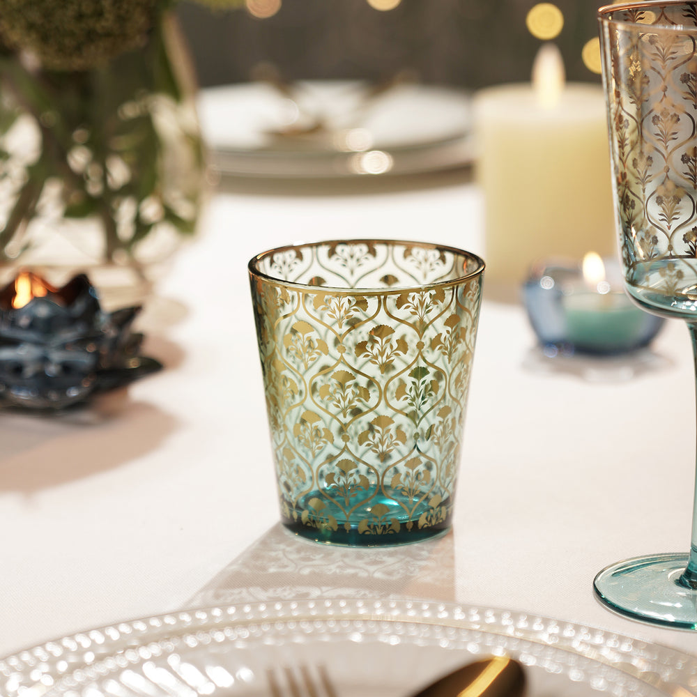 Set of 2 Green and Blue Gold Overlay Drinking Glasses