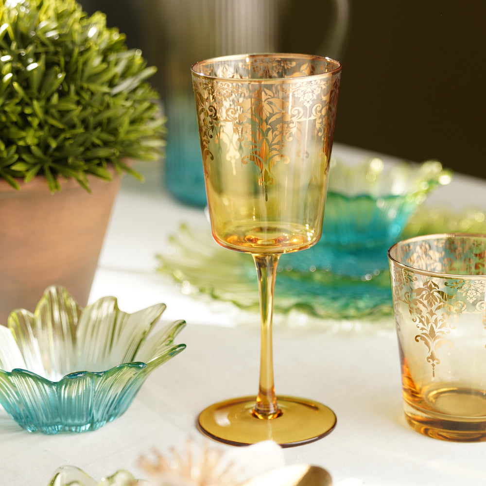 Set of 2 Amber and Gold Overlay Wine Glasses