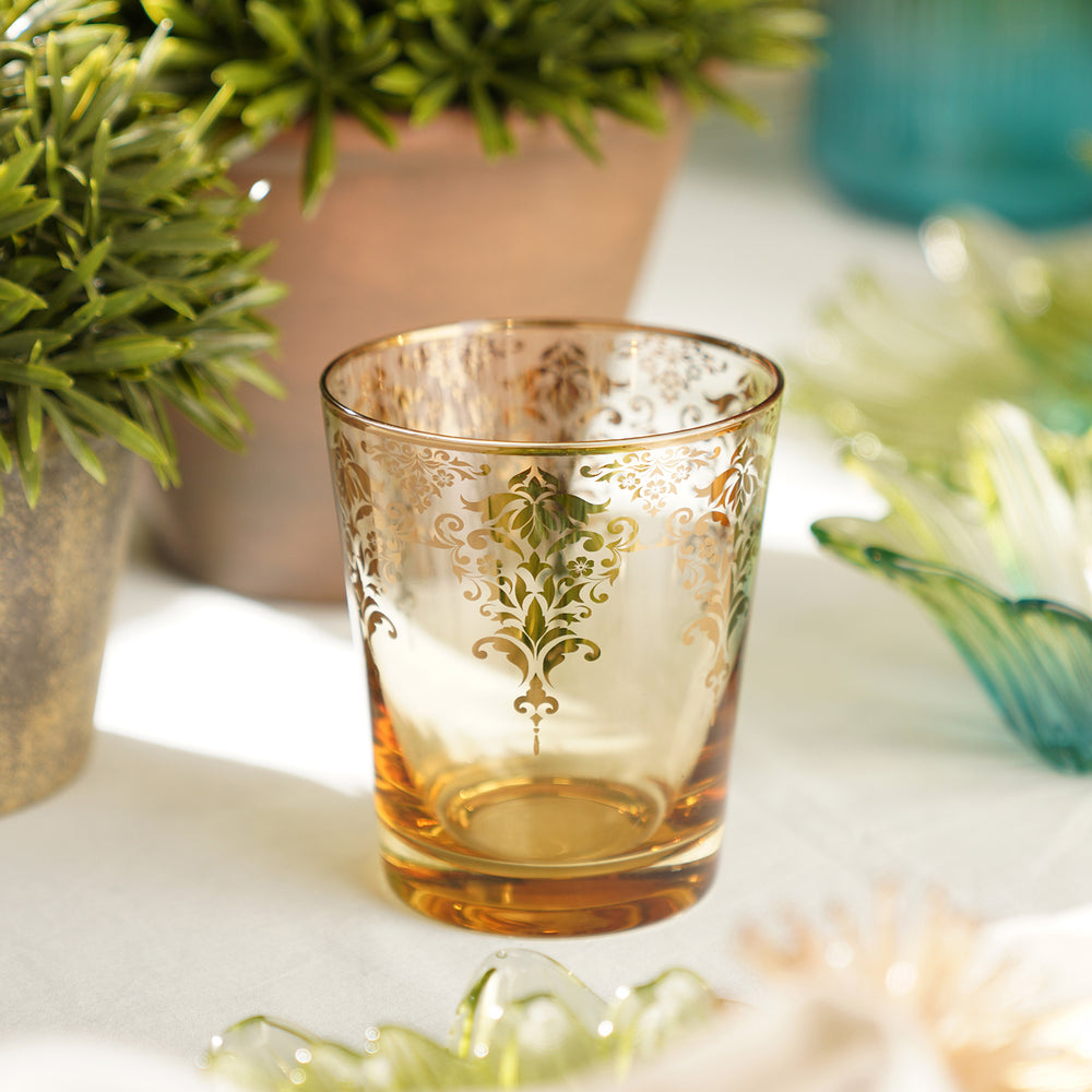 Set of 2 Amber and Gold Overlay Drinking Glasses