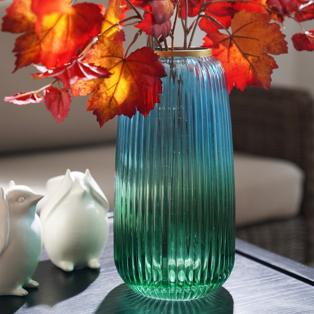 Blue Green Ribbed Texture Ombre Glass Vase - Medium