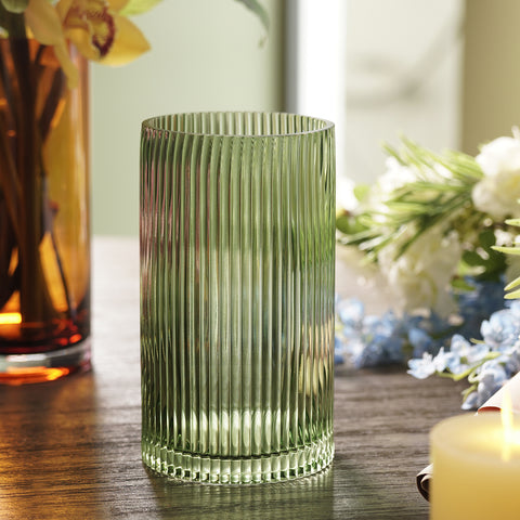 Green Ribbed Straight Glass Vase - Small