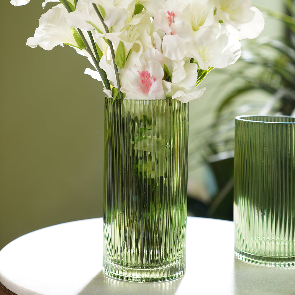 Green Ribbed Straight Glass Vase - Medium