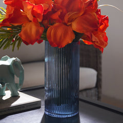 Blue Ribbed Straight Glass Vase - Medium