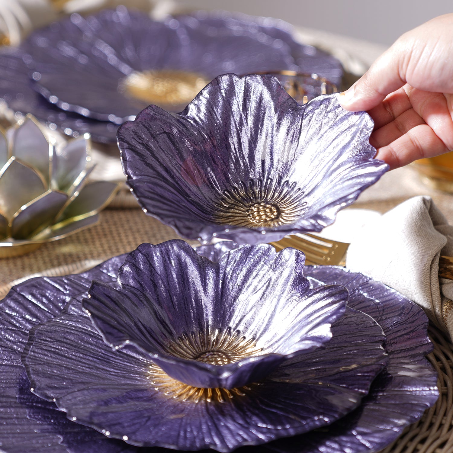 Set of 2 Purple Floral Shaped Side Bowls - Small