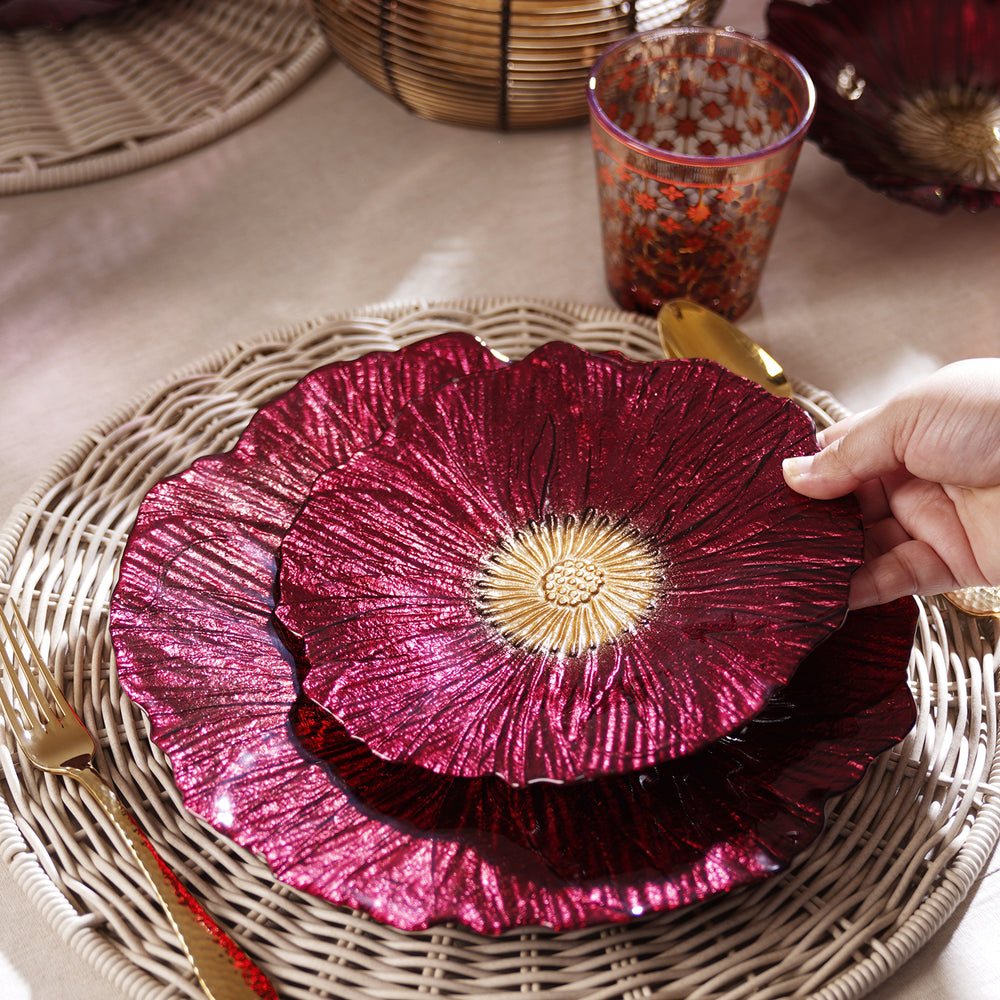 Set of 2 Burgundy Floral Shaped Dessert Plates