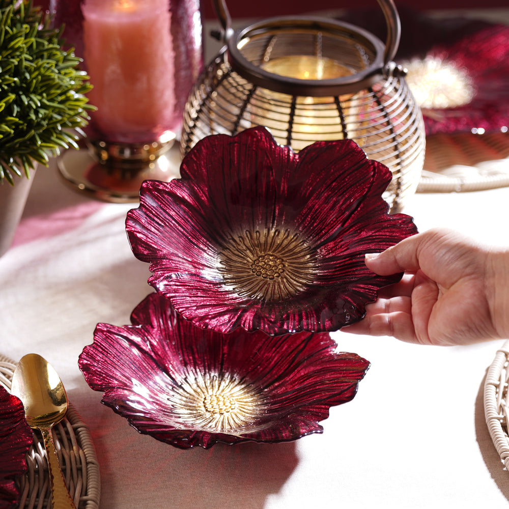 Set of 2 Burgundy Floral Shaped Serving Bowls