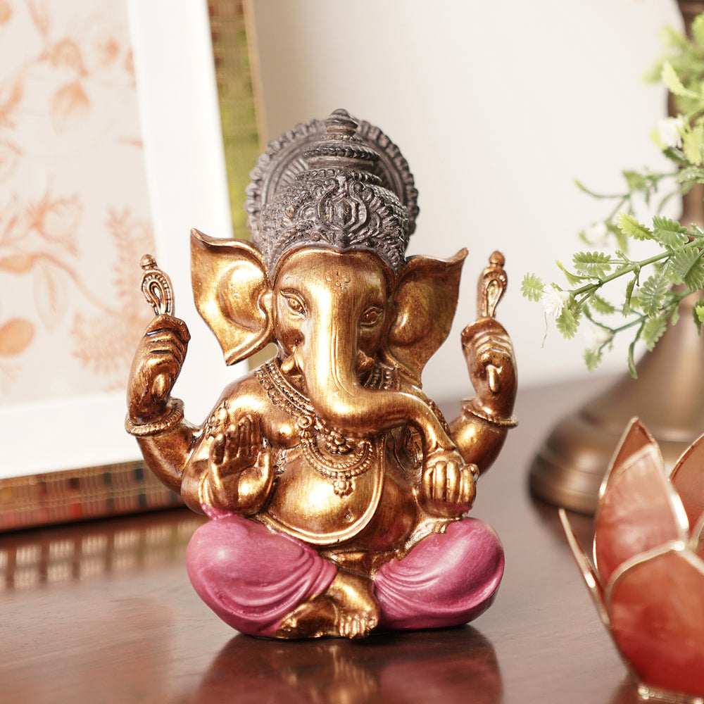 Pink Antique Sitting Polyresin Ganesha Figurine - Small