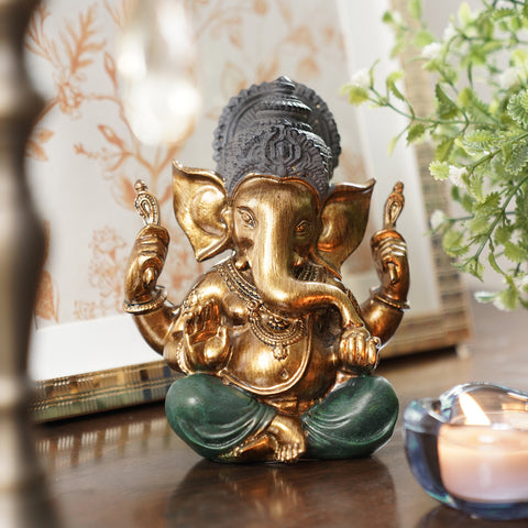 Green Antique Sitting Polyresin Ganesha Figurine - Small