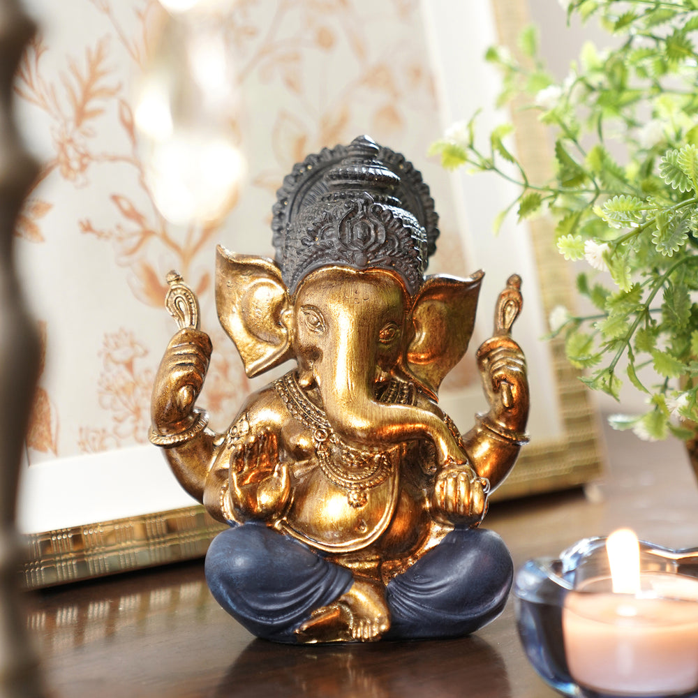 Blue Antique Sitting Polyresin Ganesha Figurine - Small