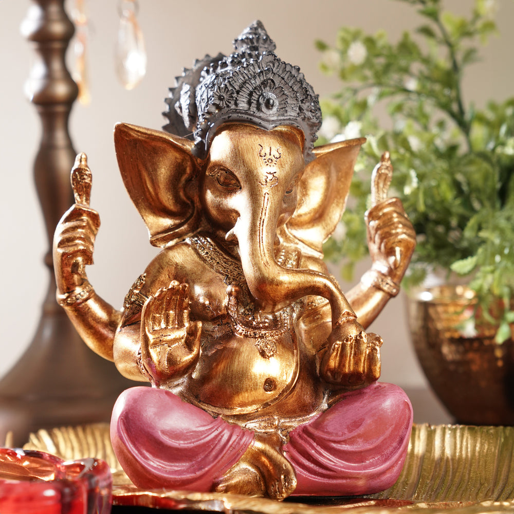 Pink Antique Finish Polyresin Ganesha Figurine - Medium