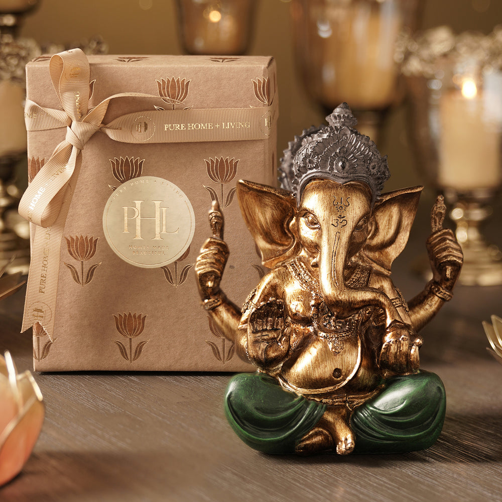Green Antique Finish Polyresin Ganesha Figurine - Medium