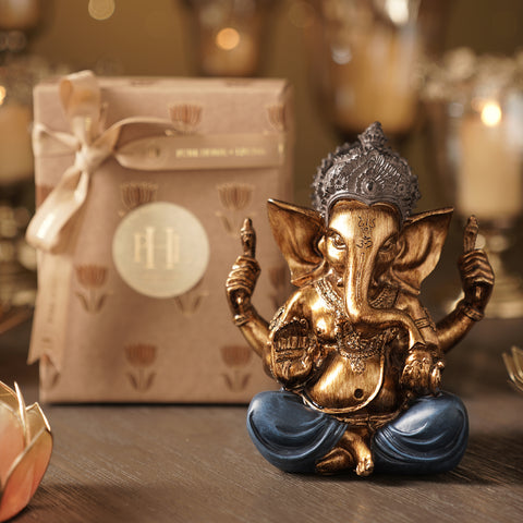 Blue Antique Finish Polyresin Ganesha Figurine - Medium