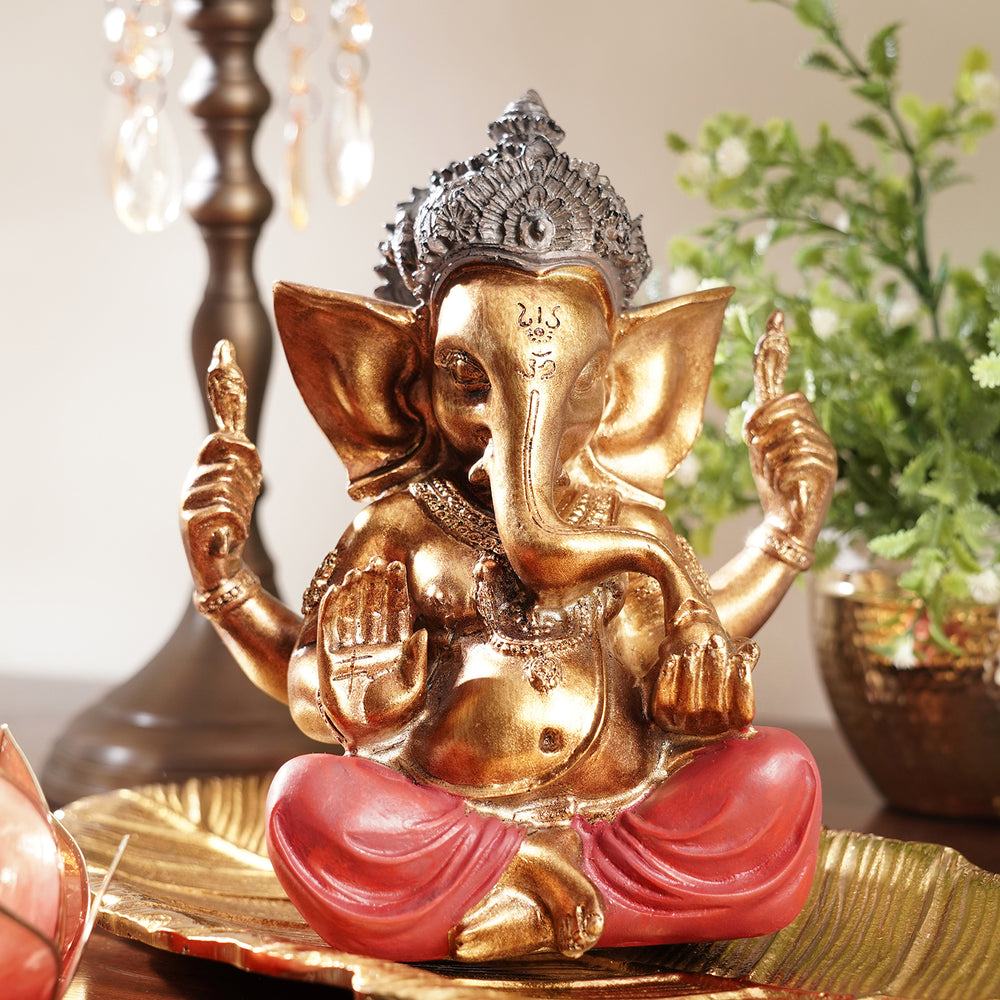 Red Antique Sitting Polyresin Ganesha Figurine - Medium