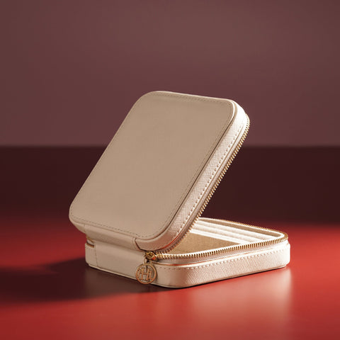 Cream Square Faux Leather Travel Jewellery Box