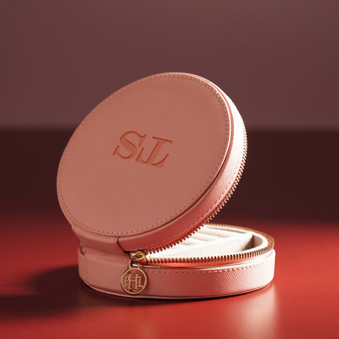 Pink Round Faux Leather Travel Jewellery Box