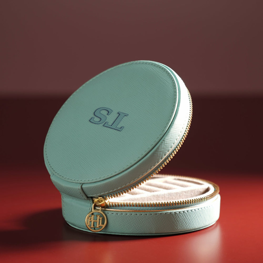 Blue Round Faux Leather Travel Jewellery Box