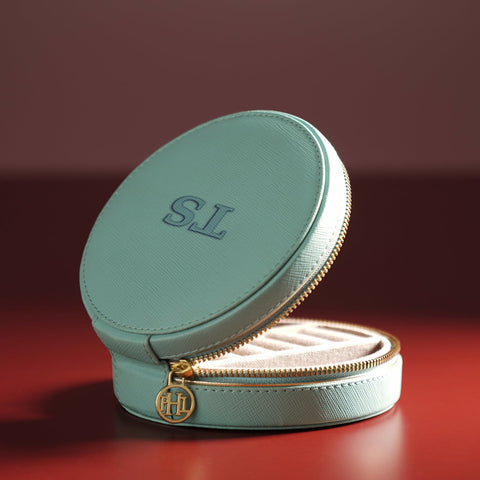 Blue Round Faux Leather Travel Jewellery Box